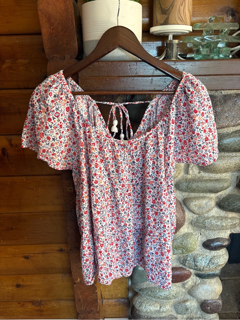 Old Navy Floral Peasant Blouse Large Cottagecore Boho Puff Sleeve Tie Back